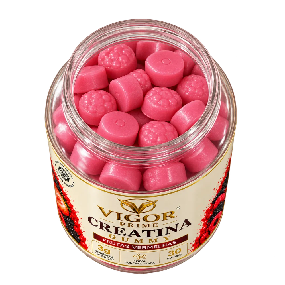 Pote de Vigor Prime Creatina Gummy aberto, visto de cima, cheio de gomas